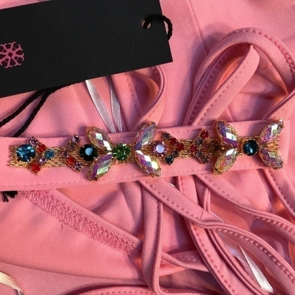 New Jeweled Camisole Style Top Unique Spaghetti Straps Pink S M L Dressy - Picture 7 of 7